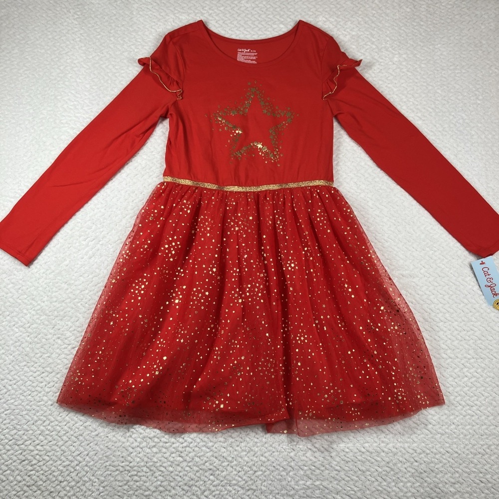 NWT Cat & Jack Girl's Size 14 Long Sleeve Holiday Dress Red Star Christmas
